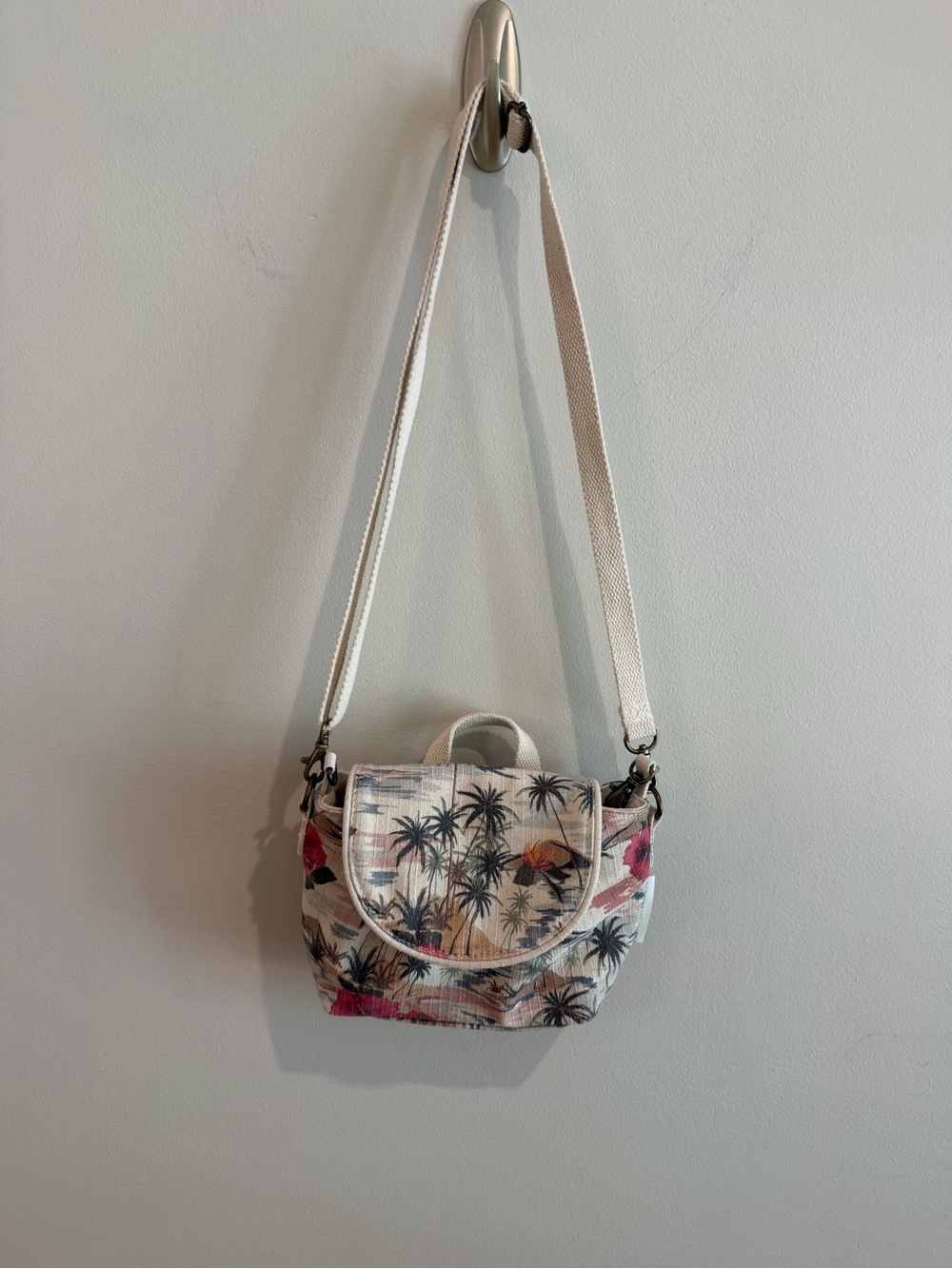 Caribbean Joe Neutral Palm-Print Crossbody with Pink Accents
